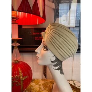 vintage 1970s turban beige hat gathered pleated 70s fashion millinery